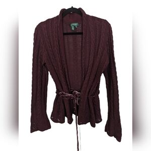 Lauren Ralph Lauren maroon burgundy cotton knit cardigan with velvet belt sz M